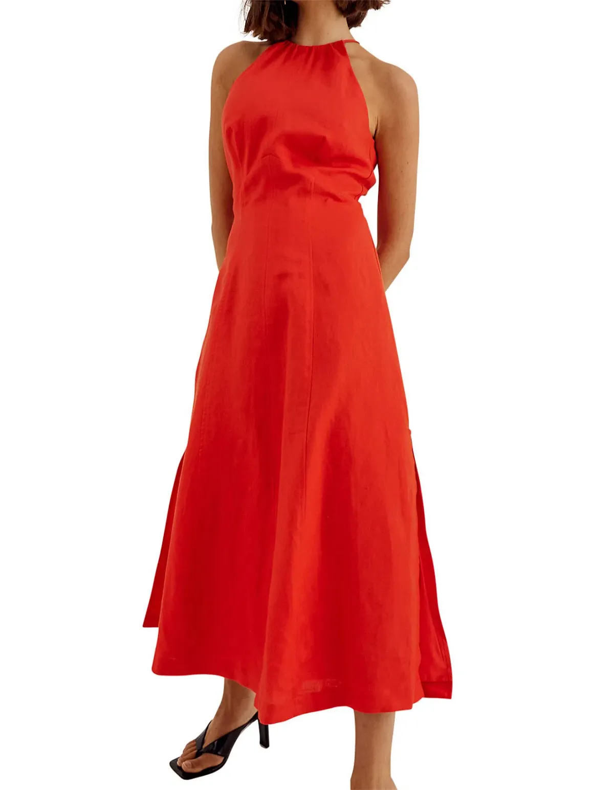 Sovere Relish Washed Linen Halter Midi Dress Solar Red Size 8 for rent on The Volte - main image