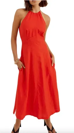 Sovere Relish Washed Linen Halter Midi Dress Solar Red Size 8 for rent on The Volte - image 2