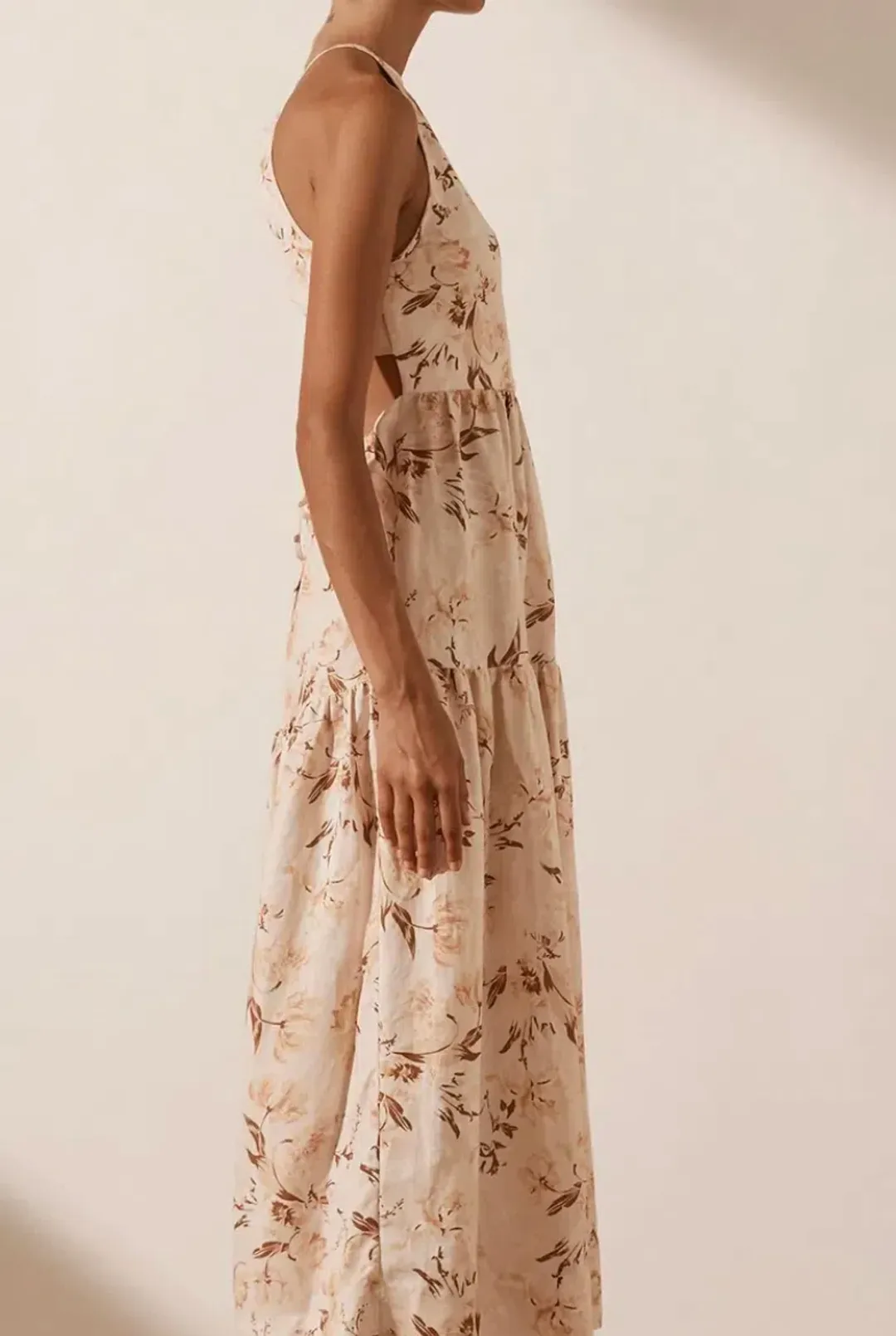 Shona Joy Roxanne Linen Open Back Tiered Midi Dress Floral Size 8 / S for rent on The Volte - main image