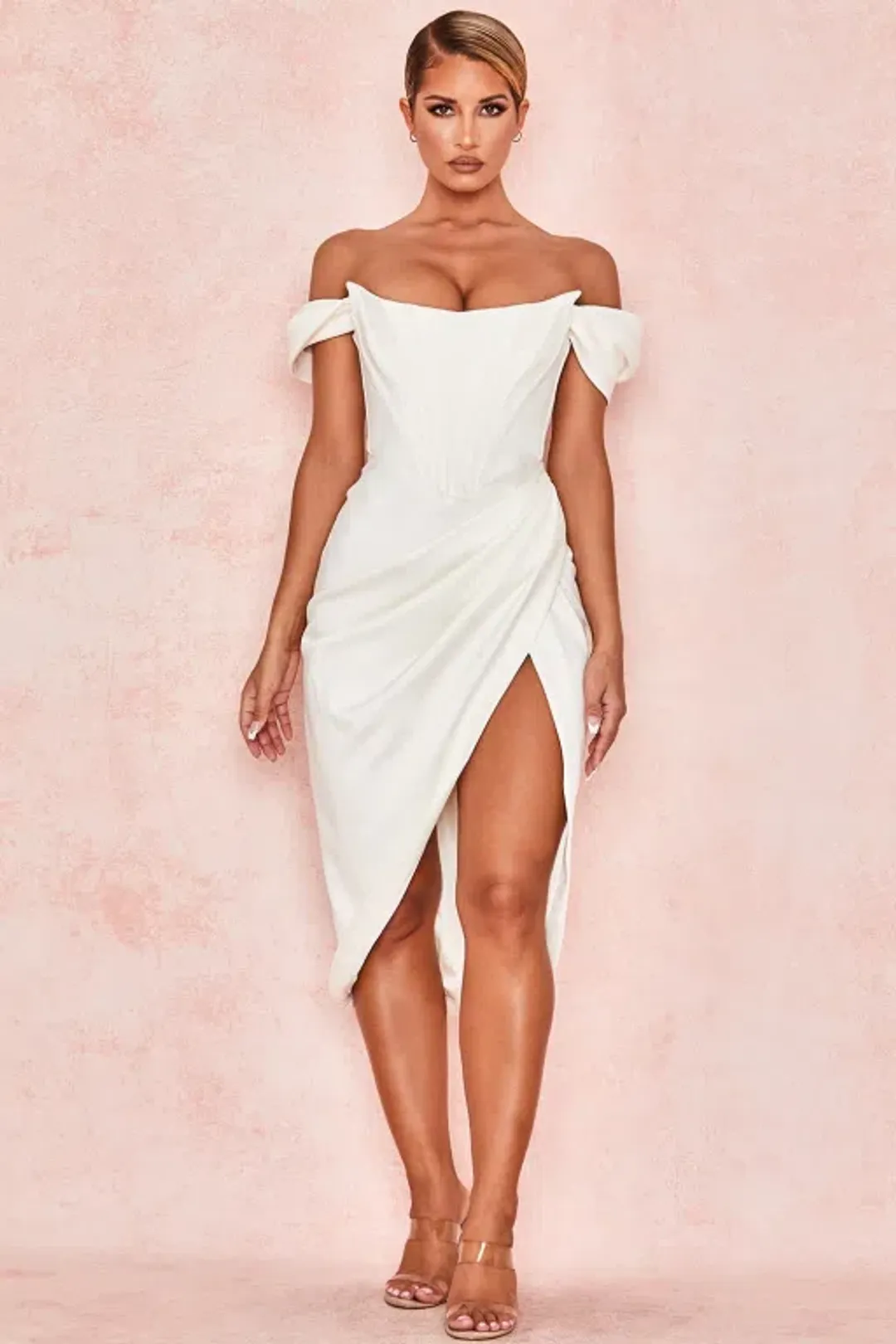 House of CB Loretta Satin Off Shoulder Midi Dress Ivory Size XS / Au 6 for rent on The Volte - main image