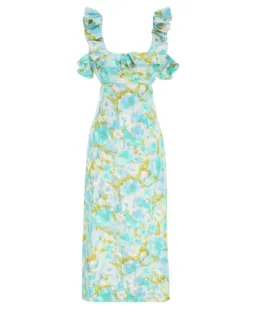 Zimmermann High Tide Frilled Midi Dress Aqua Ikat Floral Size 1/Au 10 for rent on The Volte - image 3