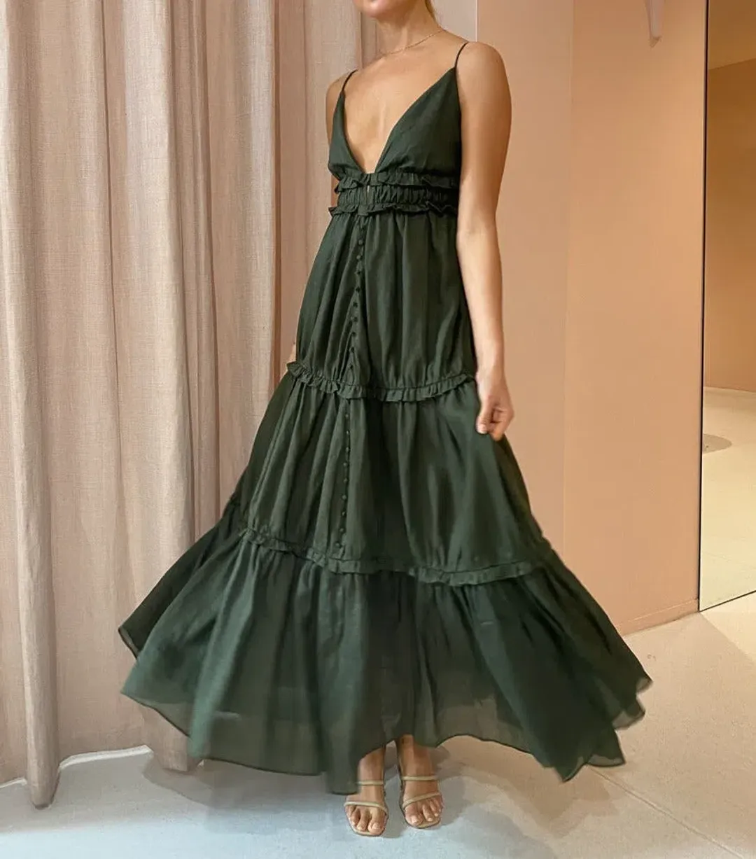 Joslin Studio Liana 2.0 Linen Maxi Dress Forest Size 10 for rent on The Volte - main image