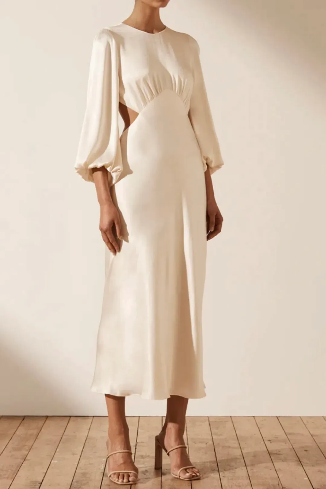 Shona Joy La Lune Open Back Balloon Sleeve Midi Dress in Cream Size 6  for rent on The Volte - main image