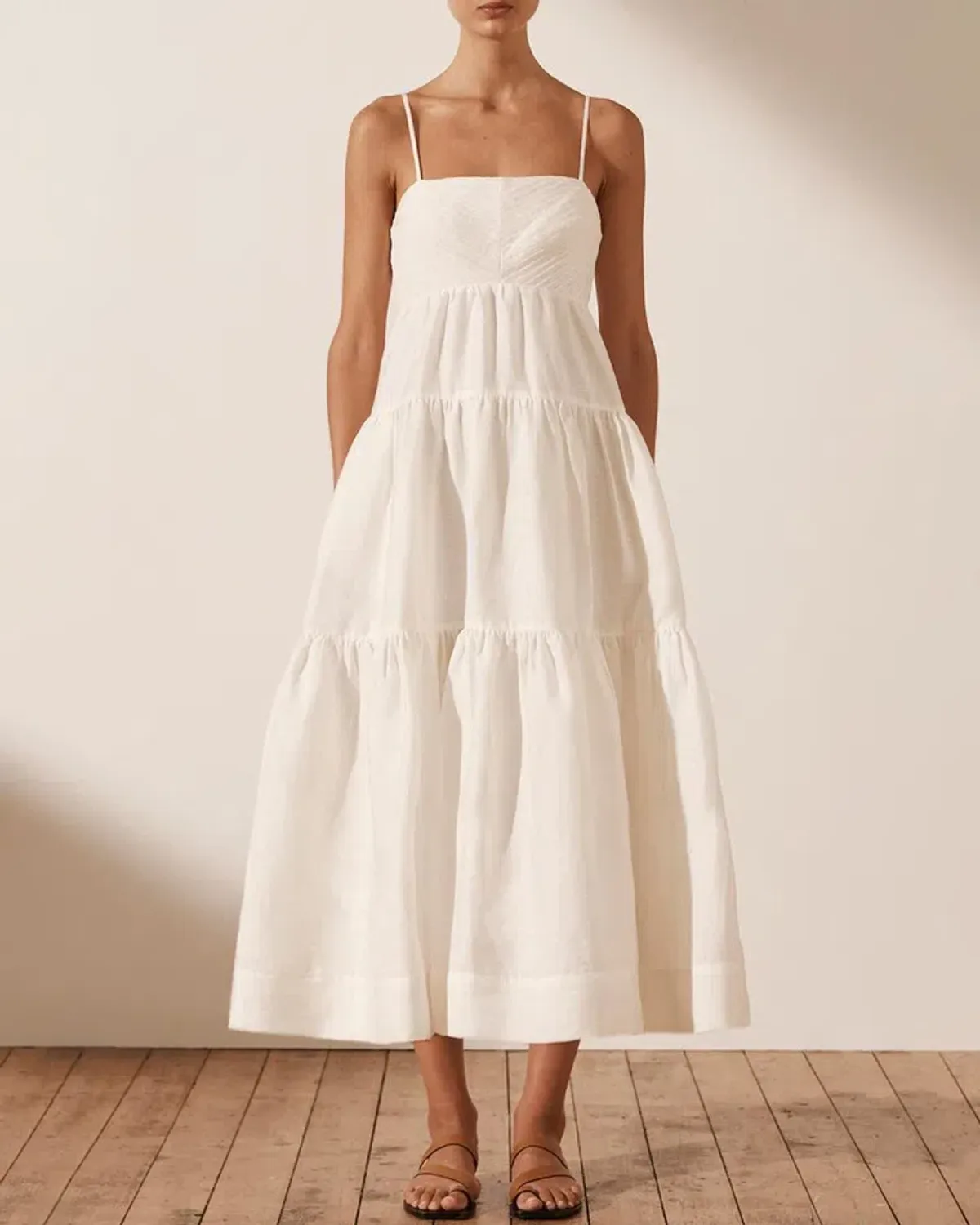 Shona Joy Maya Linen Pin Tuck Open Back Tiered Midi Dress White Size AU 8 for rent on The Volte - main image