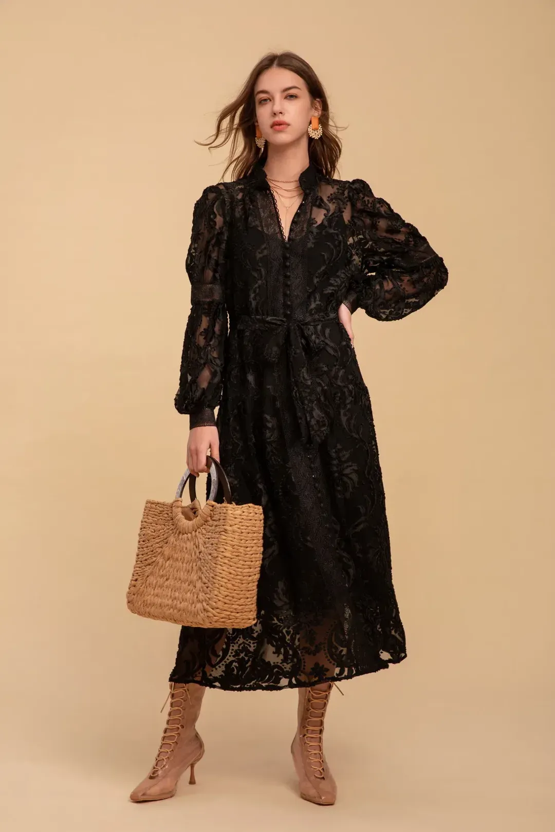 GDS Lila Lace Midi Dress Black Size 10 for rent on The Volte - main image
