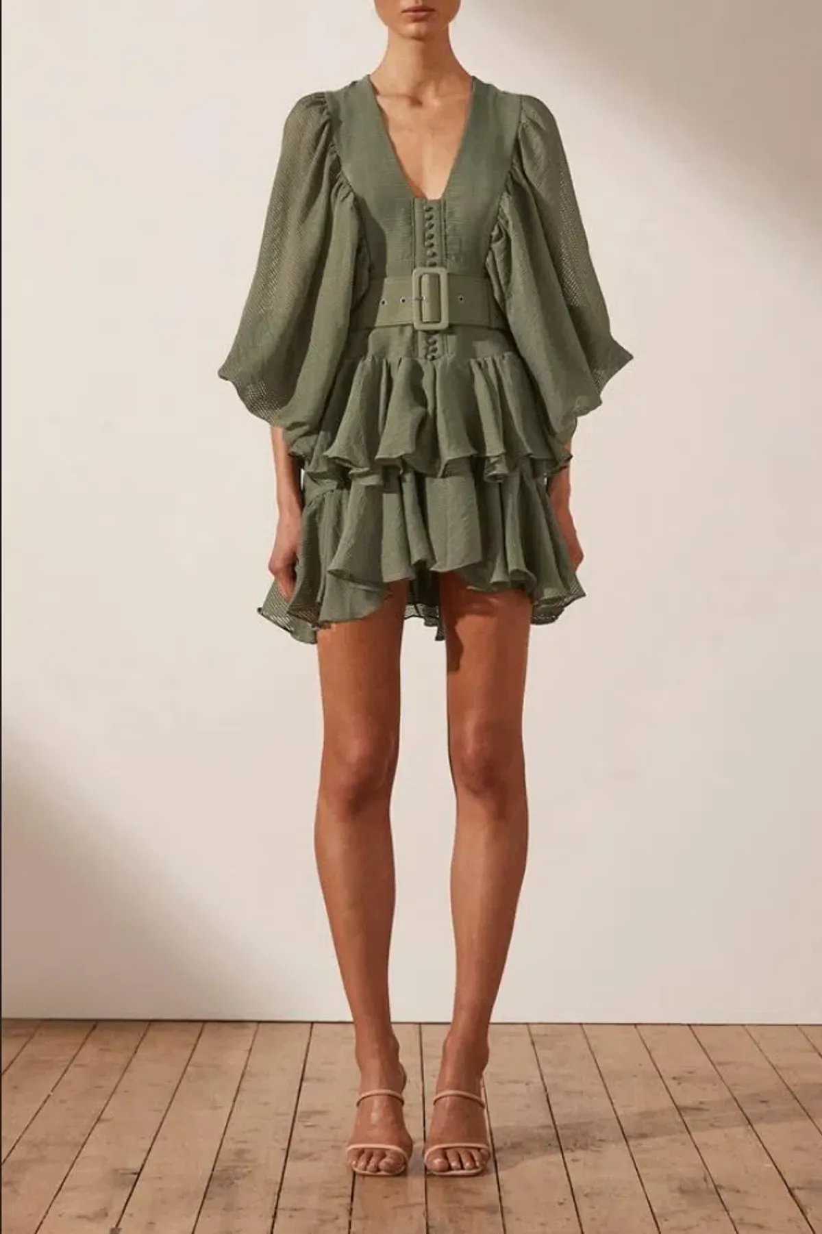 Shona Joy Charlotte Plunged Draped Mini Dress in Khaki Size 10 for rent on The Volte - main image