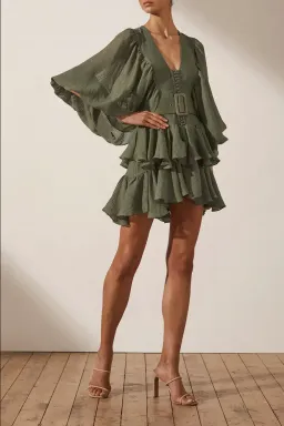 Shona Joy Charlotte Plunged Draped Mini Dress in Khaki Size 10 for rent on The Volte - image 2