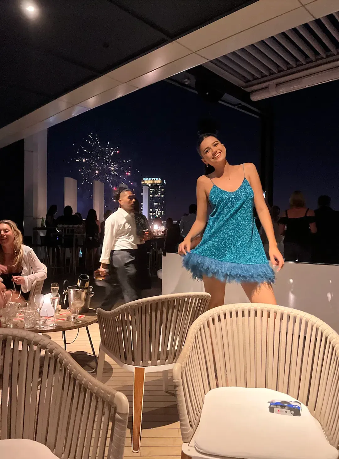 Oséree Lumière Feather-trimmed Stretch-lurex Mini Dress Blue Size 8  for rent on The Volte - main image