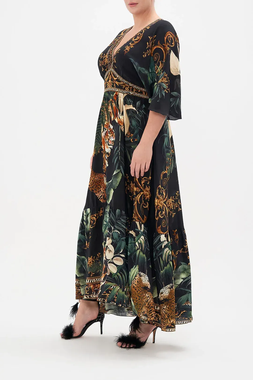 Camilla Easy Tiger New Season Full Length Waisted Dress With Hem Ruffle Black Size XS / AU 8 for rent on The Volte - main image