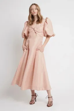 Aje Dusk Knot Puff Sleeve Midi Dress Pink Size AU 8 for rent on The Volte - image 1