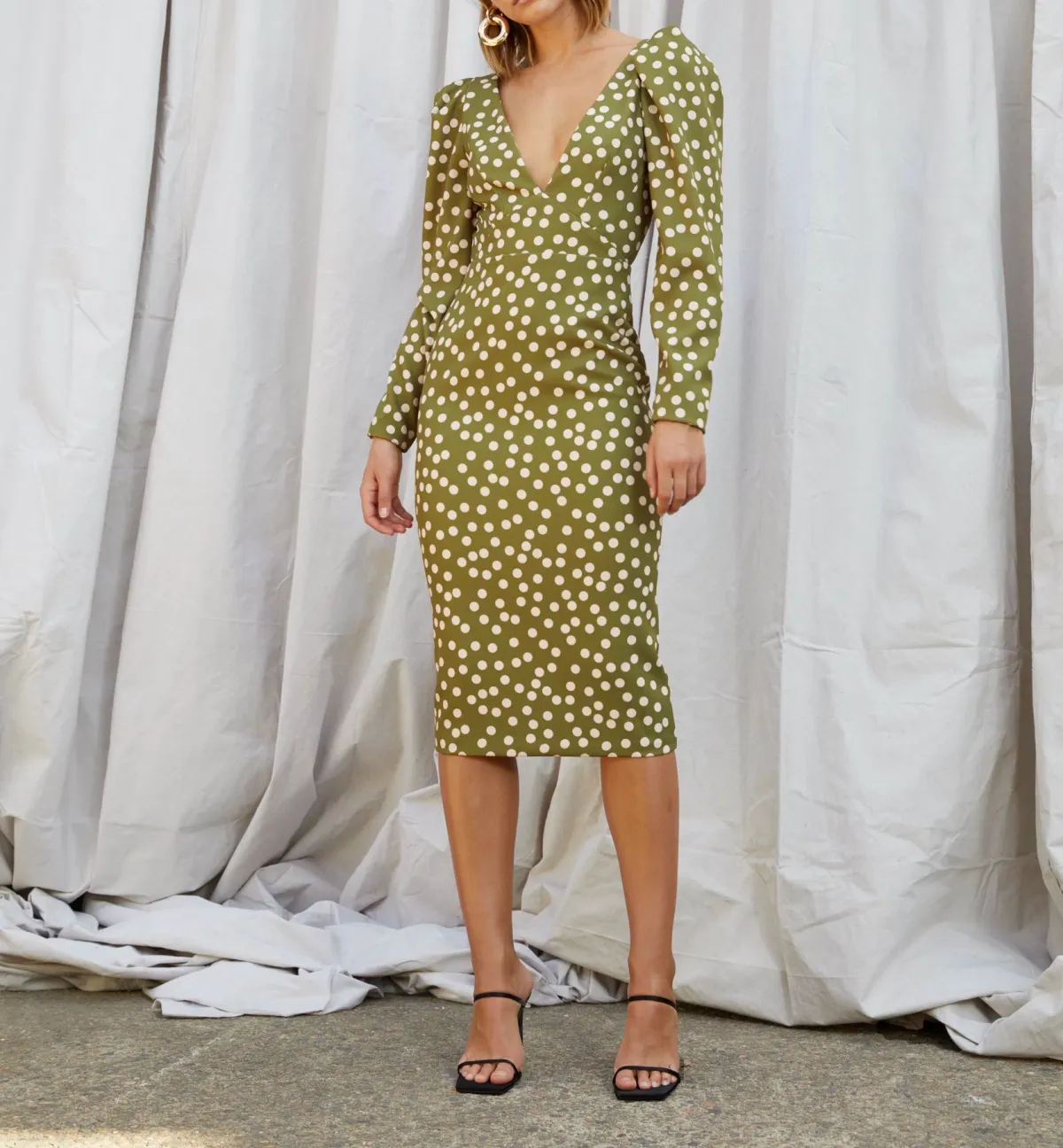 By Johnny Peach Polka V Plunge Midi Dress Print Size 6 for rent on The Volte - main image