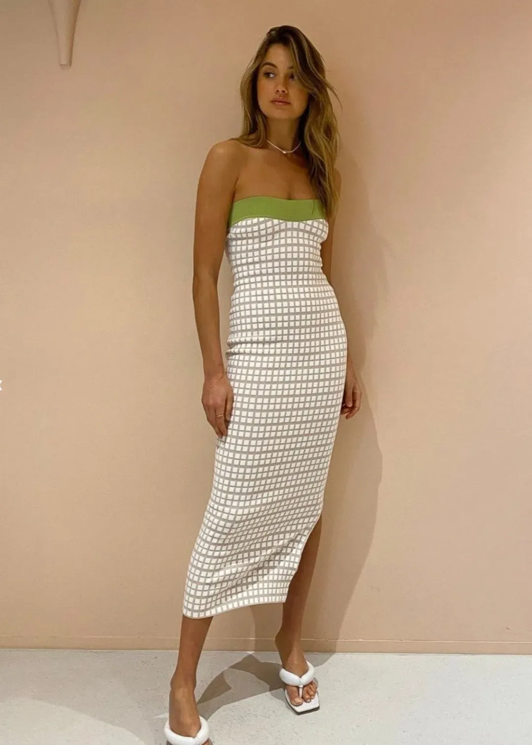 By Johnny Isabella Check Strapless Knit Midi Dress in Pistachio Size 6 / XS for rent on The Volte - main image