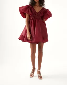Aje Gretta Organza Mini Dress Burgundy Size 8 / S for rent on The Volte - image 1
