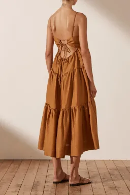 Shona Joy Maya Linen Pin Tuck Open Back Tiered Midi Dress Turmeric Size 14 for rent on The Volte - image 2