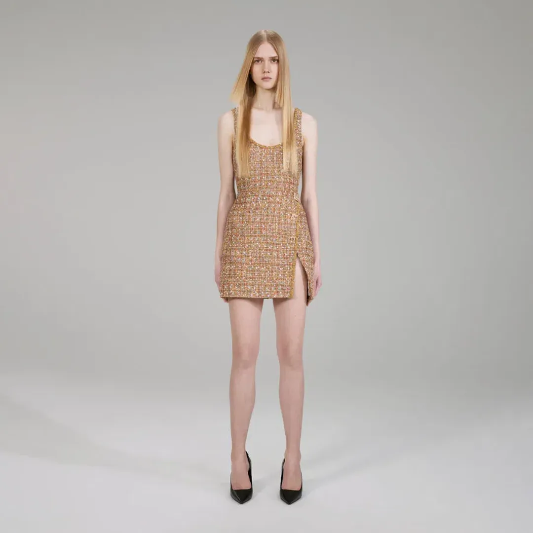 Self Portrait Gold Tinsel Boucle Beaded Mini Dress Gold Size 10 for rent on The Volte - main image