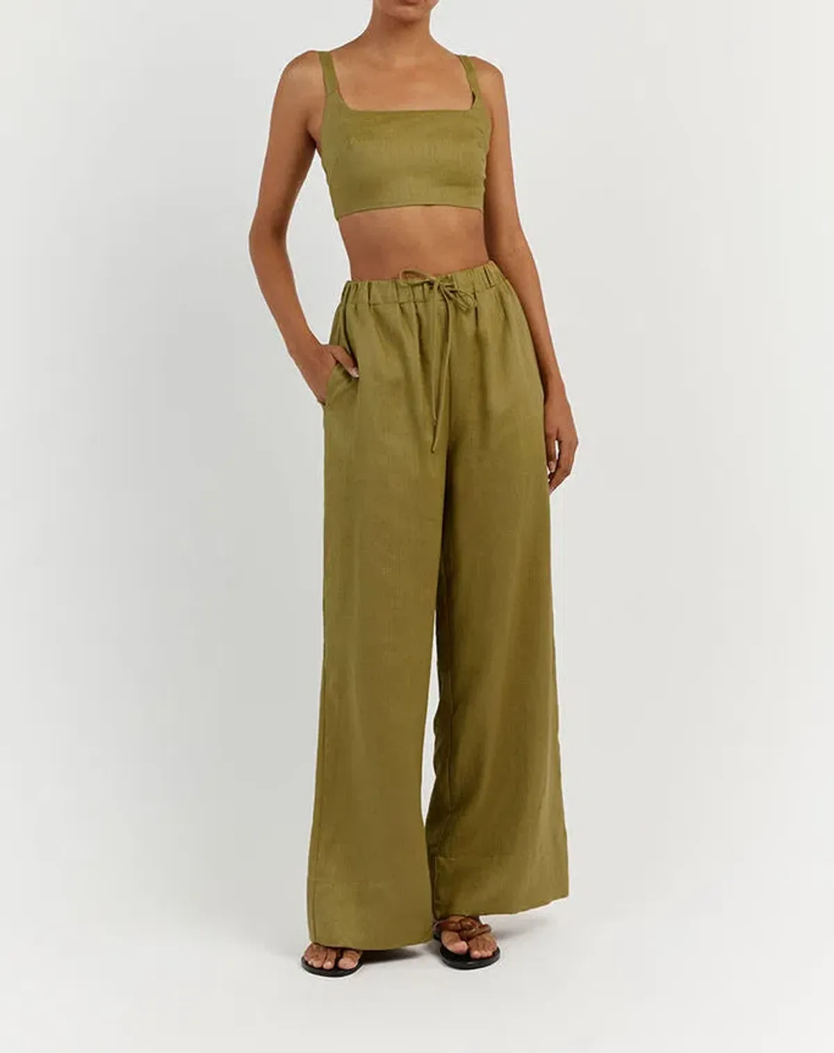 Dissh Penny Linen Crop Top Size 10 and Gina Linen Elastic Waist Pant Size 6 Set Olive for rent on The Volte - main image