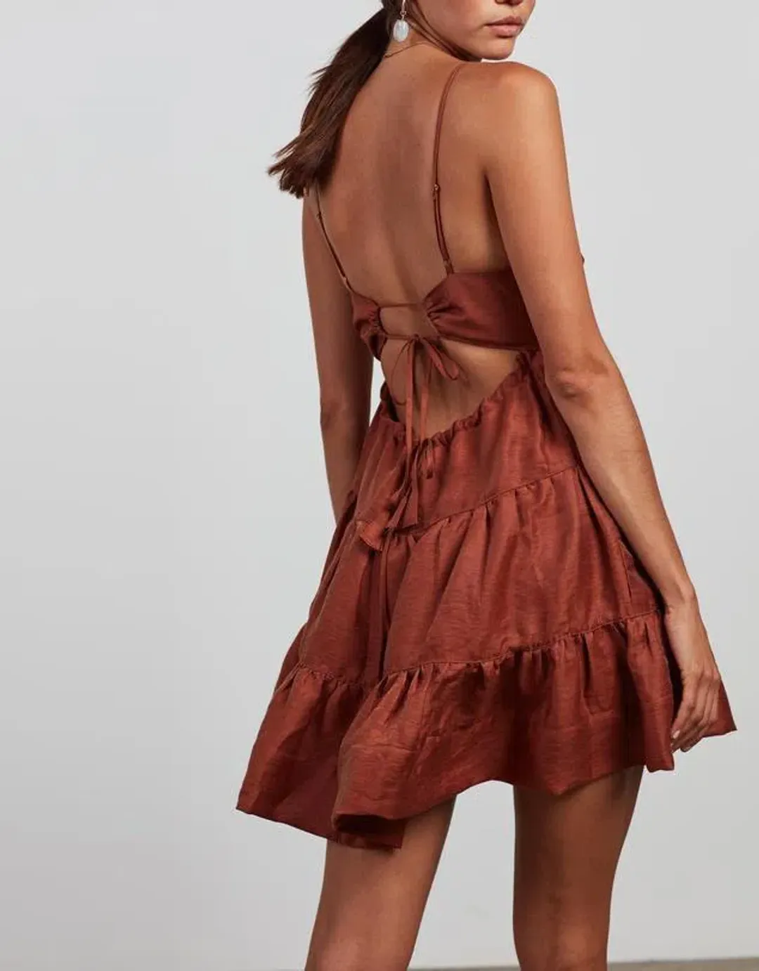 Shona Joy Elsa Tiered Mini Dress Brown Size 6 for rent on The Volte - main image