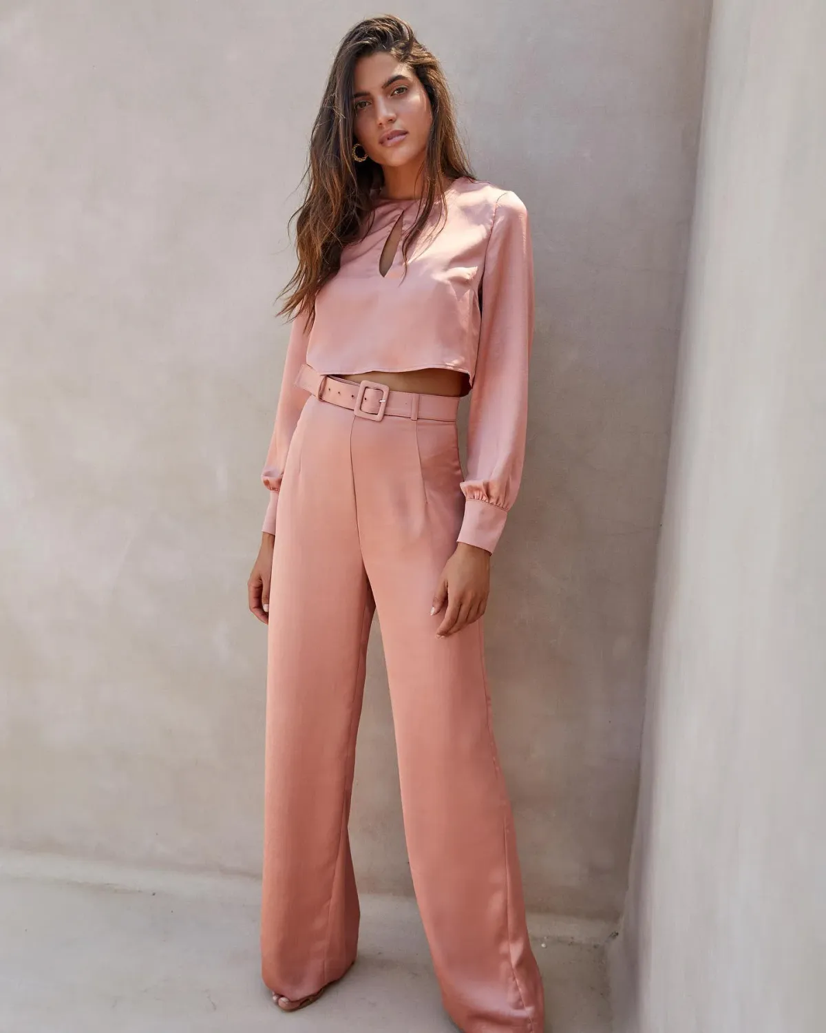 Kookai Lloyd belted Wide Leg Silk Pants Dusty Pink Size 38/AU 10 for rent on The Volte - main image