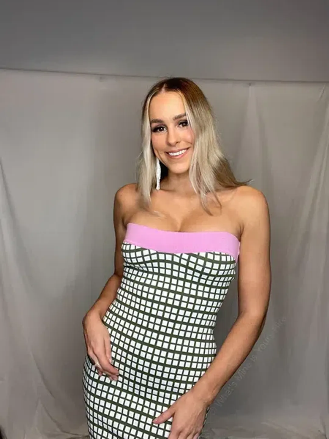 By Johnny Isabella Check Strapless Knit Midi Dress Army Pink Size 12 / L for rent on The Volte - main image