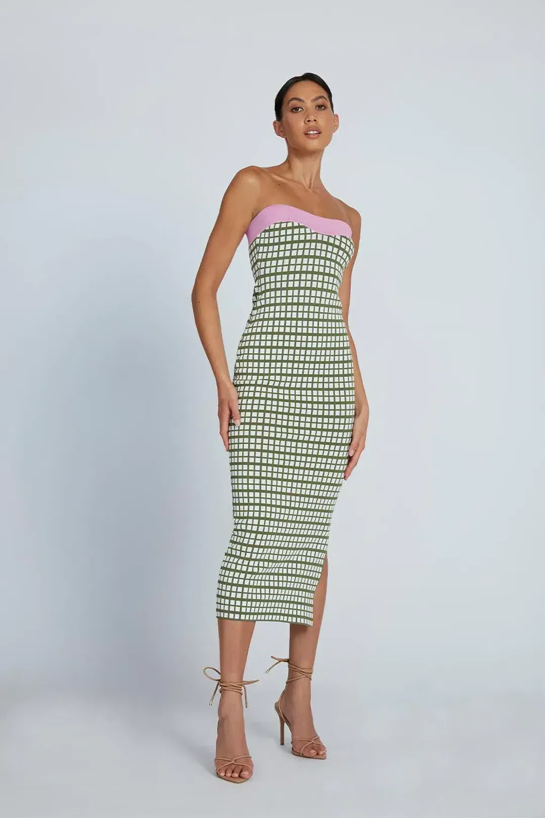 By Johnny Isabella Check Strapless Knit Midi Dress Army Pink Size 12 / L for rent on The Volte - main image