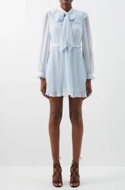 Self Portrait Broderie-Collar Pleated Chiffon Mini Dress Blue Size 12 for rent on The Volte - image 1