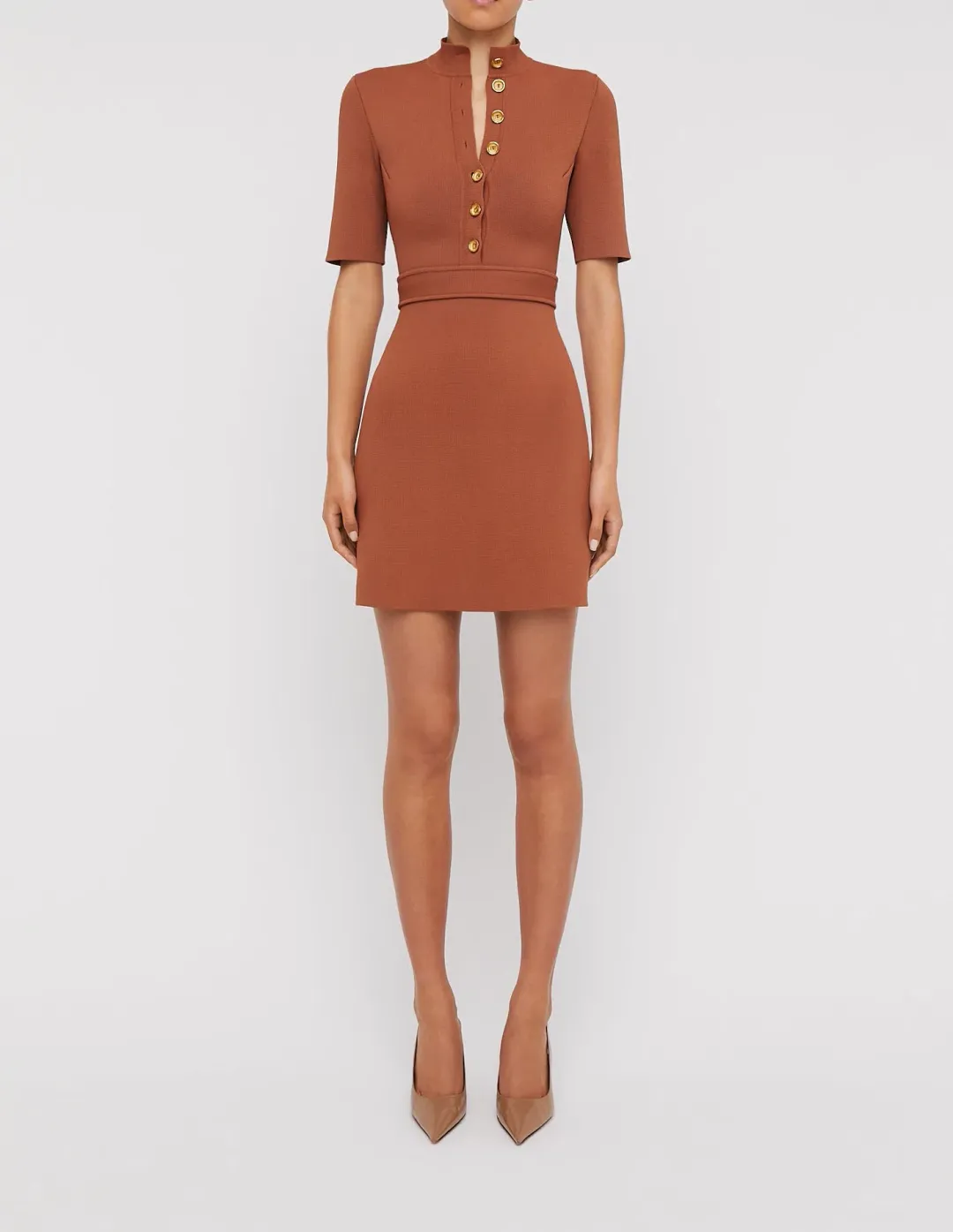 Scanlan Theodore Crepe Knit Mini Button Dress Hazel Brown Size 8 / S for rent on The Volte - main image
