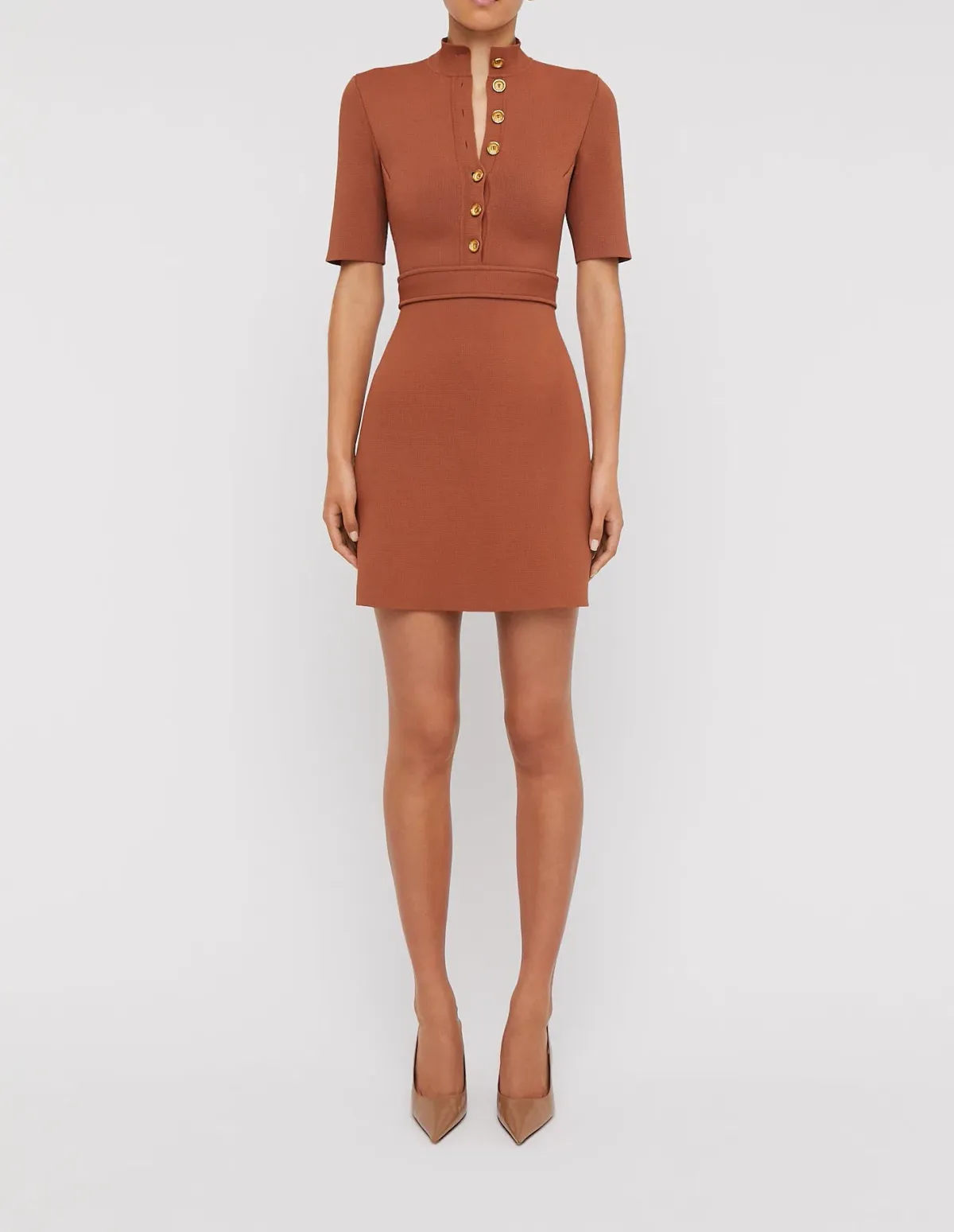 Scanlan Theodore Crepe Knit Mini Button Dress Hazel Brown Size 8 / S for rent on The Volte - main image