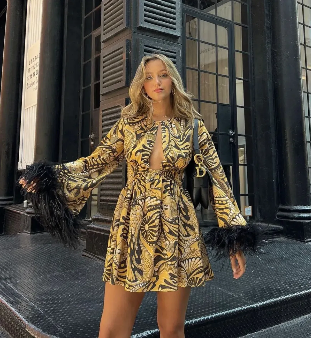Alice McCall Gold Dust Feather Mini Dress Print Size 6  for rent on The Volte - main image