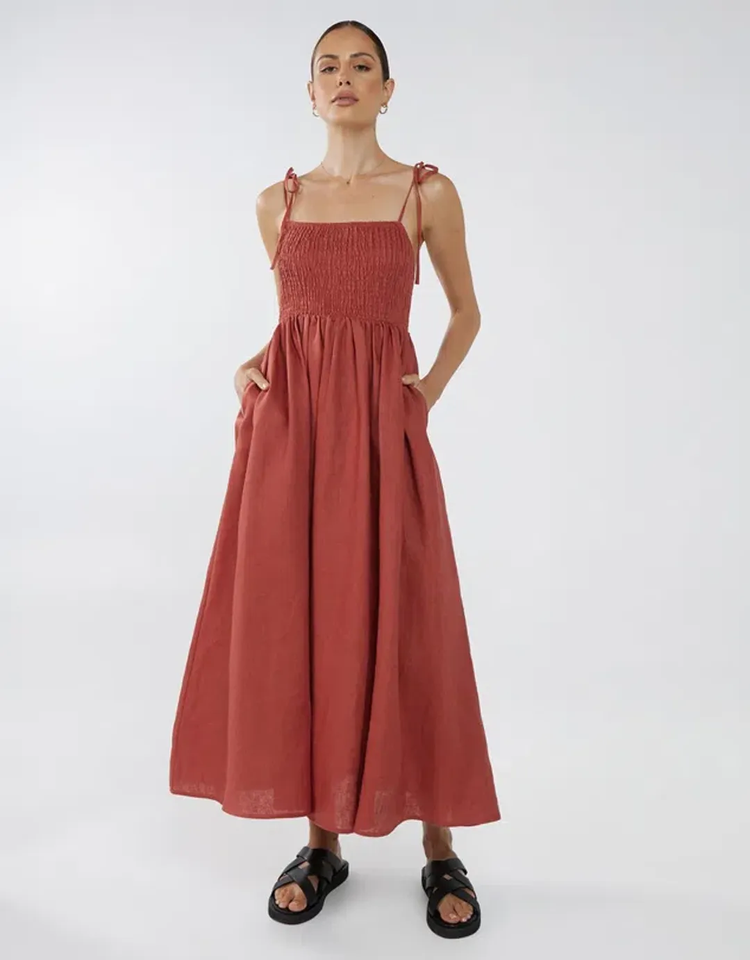 Aere Tie Strap Linen Maxi Dress Red Size AU 10 for rent on The Volte - main image