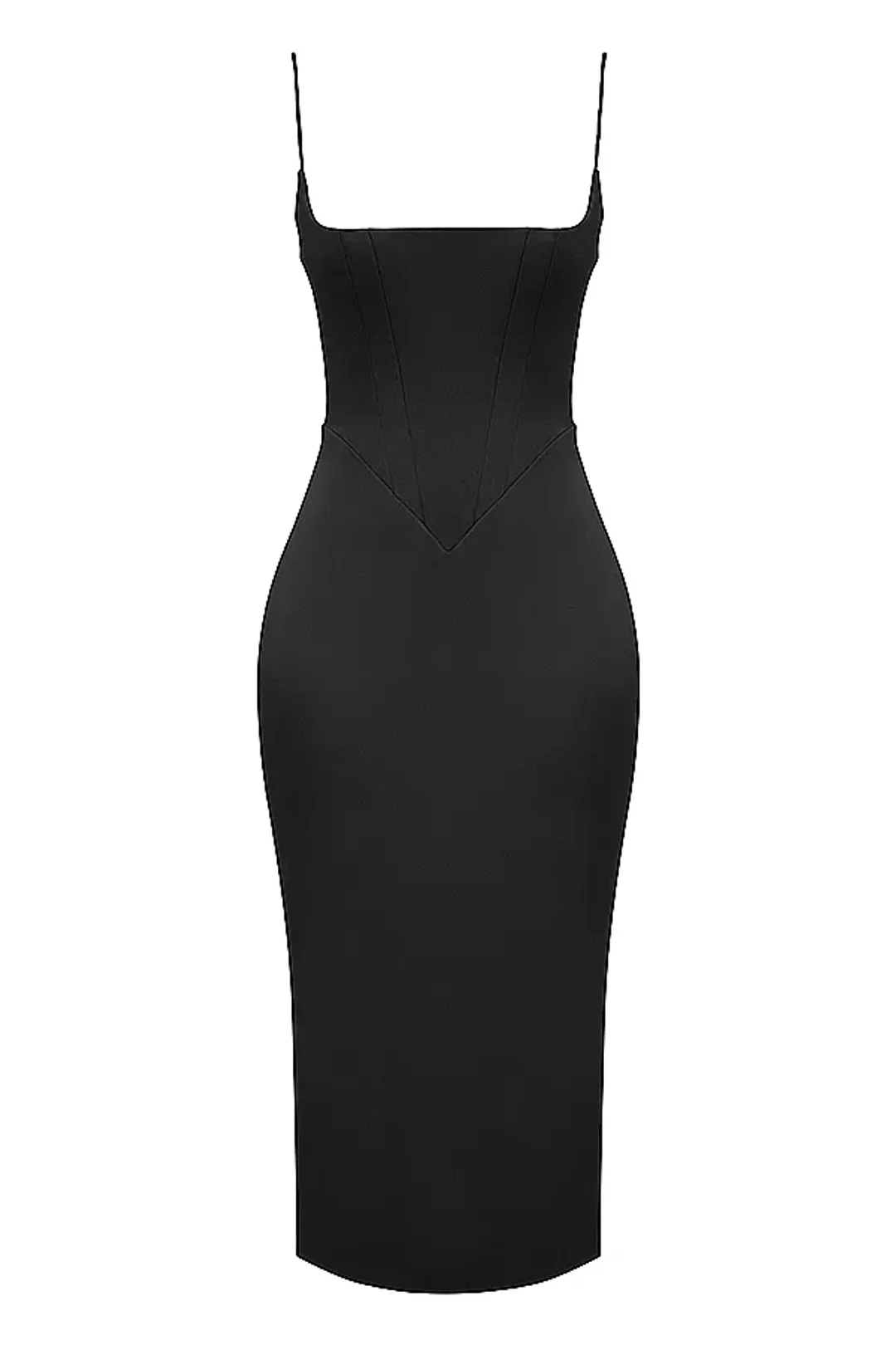 House of CB Anais Satin Pointed Corset Midi Dress Black Size 10 for rent on The Volte - main image