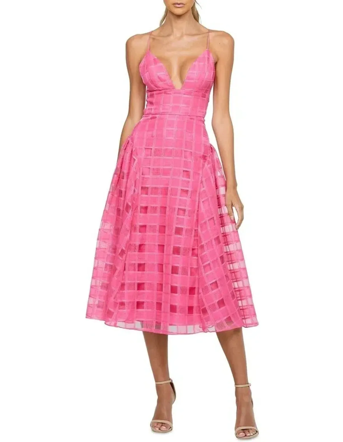 Bariano Kora V Neck Aline Midi Dress in Barbie Pink Size 10 for rent on The Volte - main image