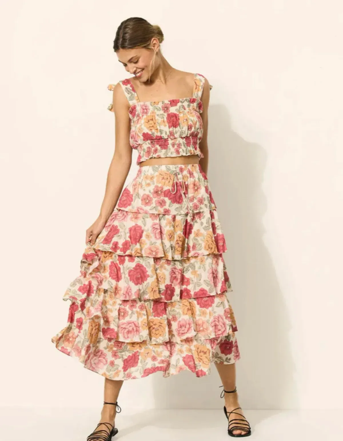 Kivari Camela Shirred Top Size 14 and Midi Skirt Size 10 Set Floral  for rent on The Volte - main image