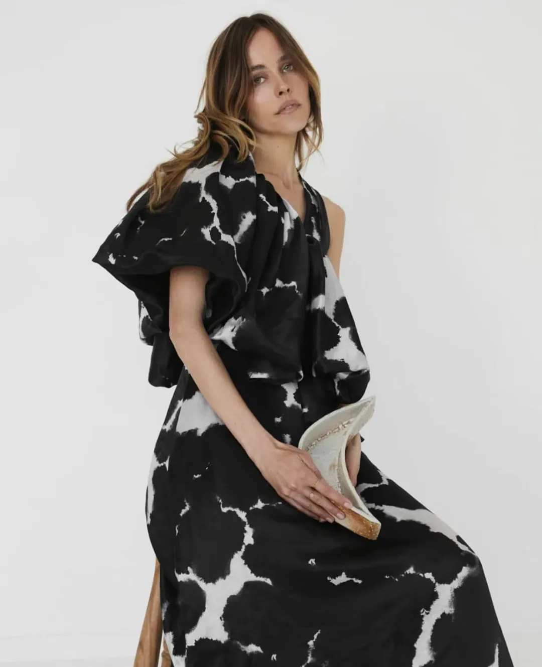 Aje Oxidised One Shoulder Gown Print Size 8  for rent on The Volte - main image