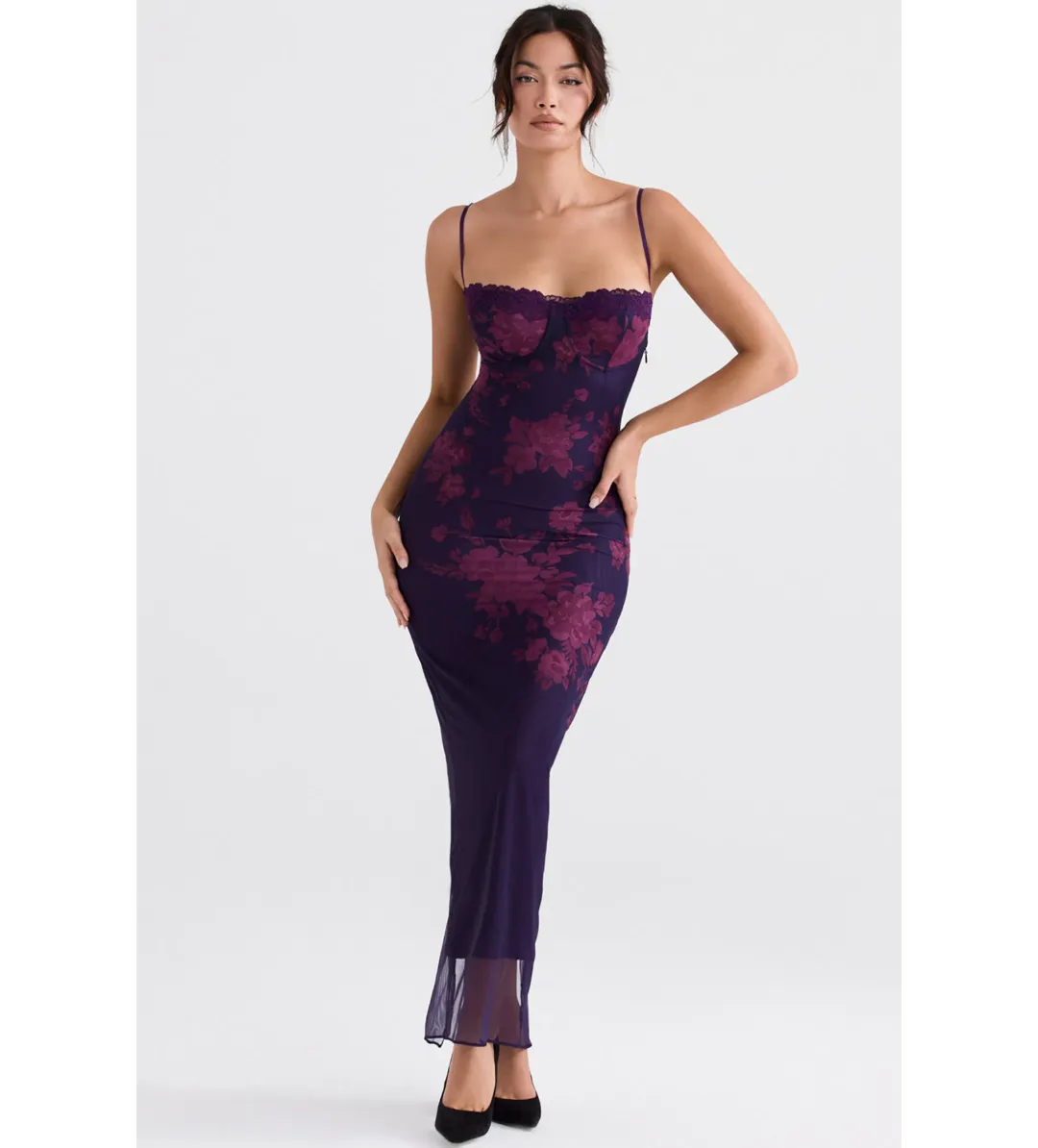 House of CB Aiza Mesh Maxi Dress Grape Floral Size 8  for rent on The Volte - main image