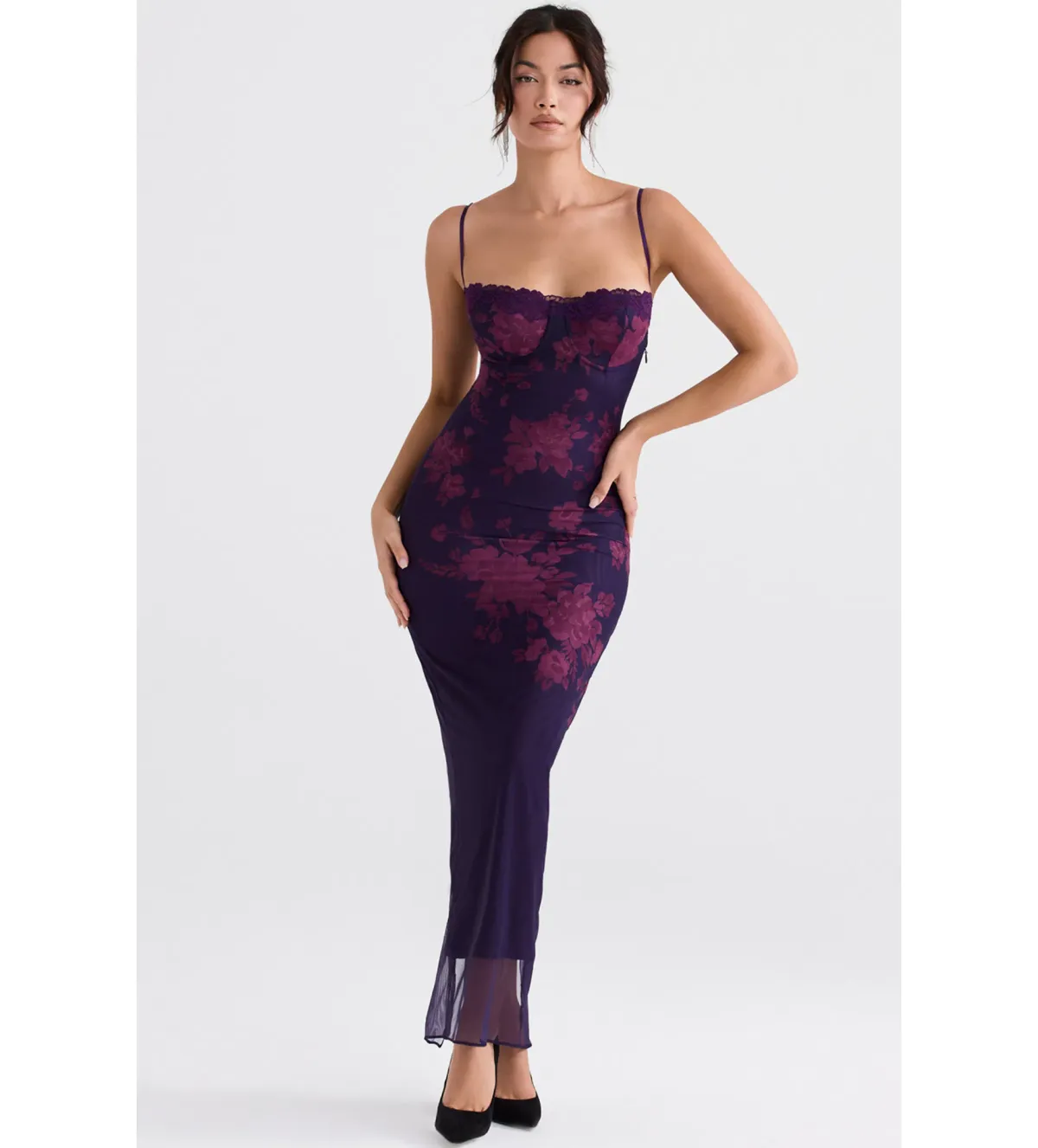 House of CB Aiza Mesh Maxi Dress Grape Floral Size 8  for rent on The Volte - main image