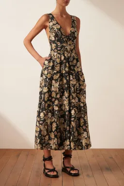 Shona Joy Palermo Linen Plunged Low Back Midi Dress Floral Size 8 / S for rent on The Volte - image 1