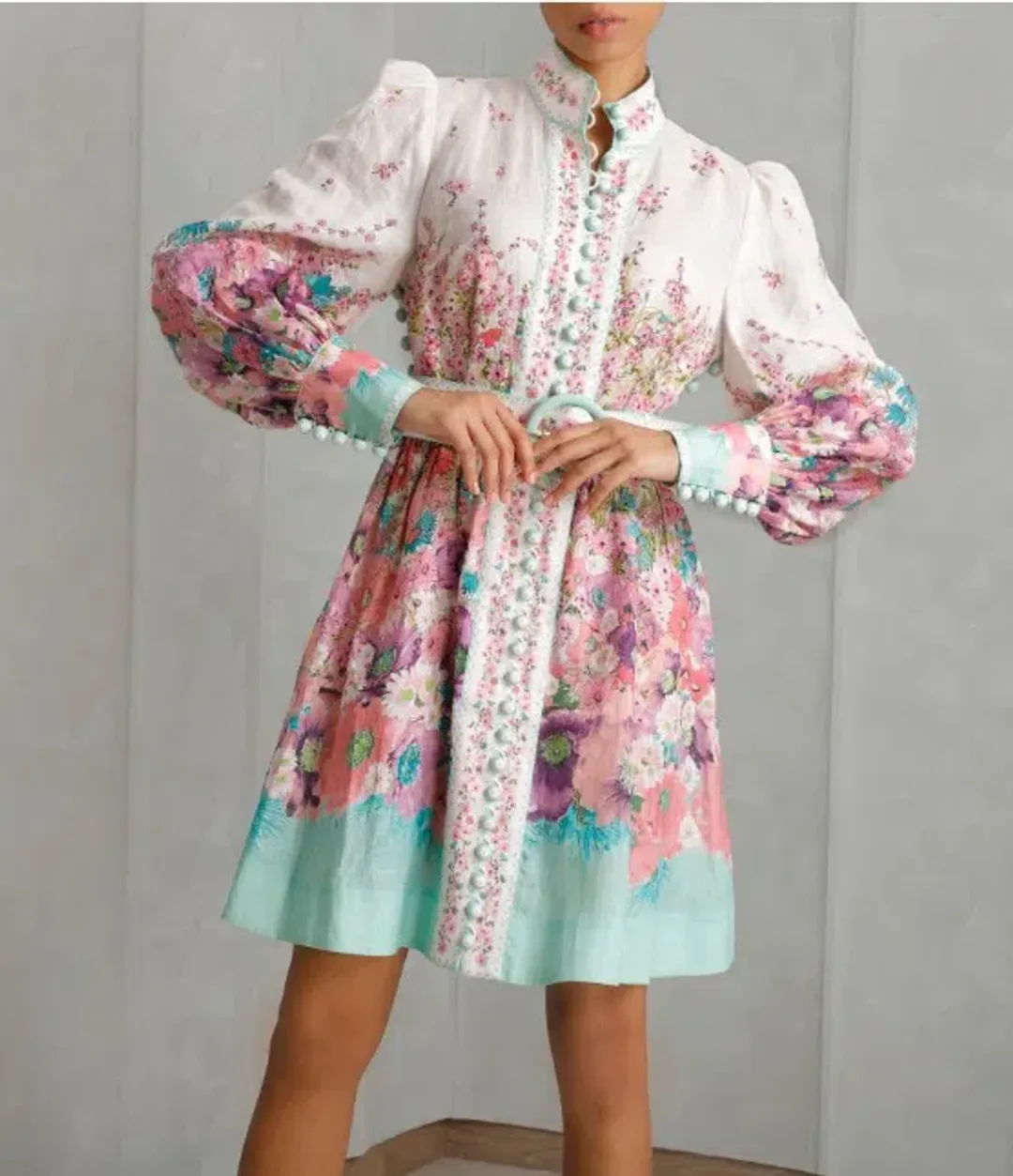 Zimmermann Jude Buttoned Mini Dress Aqua Gradient Floral Size 2 / AU 12 for rent on The Volte - main image