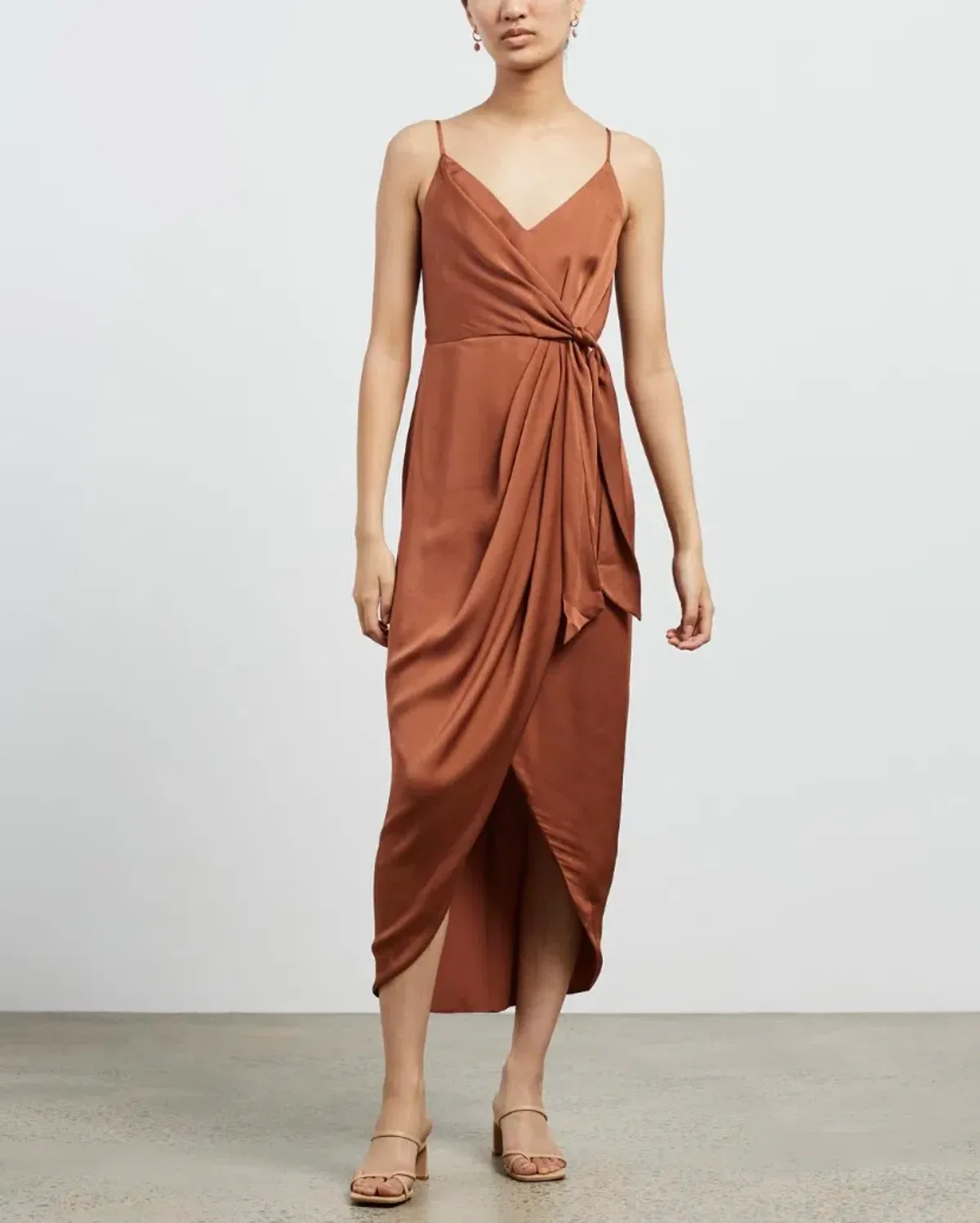 Shona Joy Luxe Tie Front Cocktail Dress Mocha Size 10  for rent on The Volte - main image