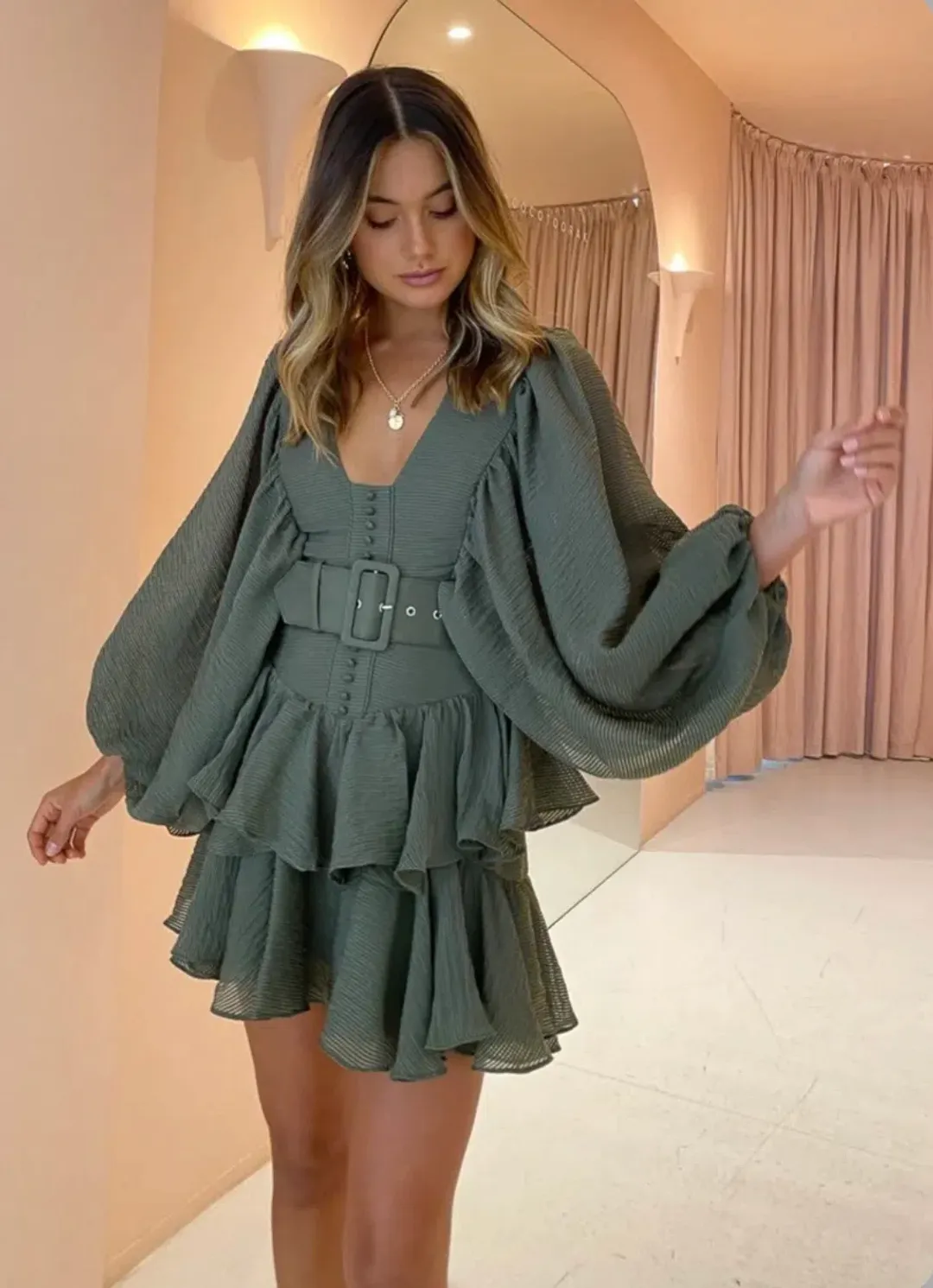 Shona Joy Charlotte Plunged Dress in Khaki Size 10 for rent on The Volte - main image