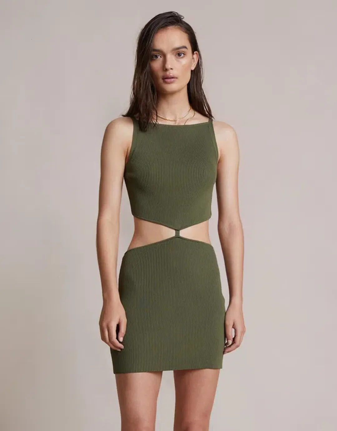 Bec & Bridge Mason Knit Mini Dress Olive Size 8 for rent on The Volte - main image