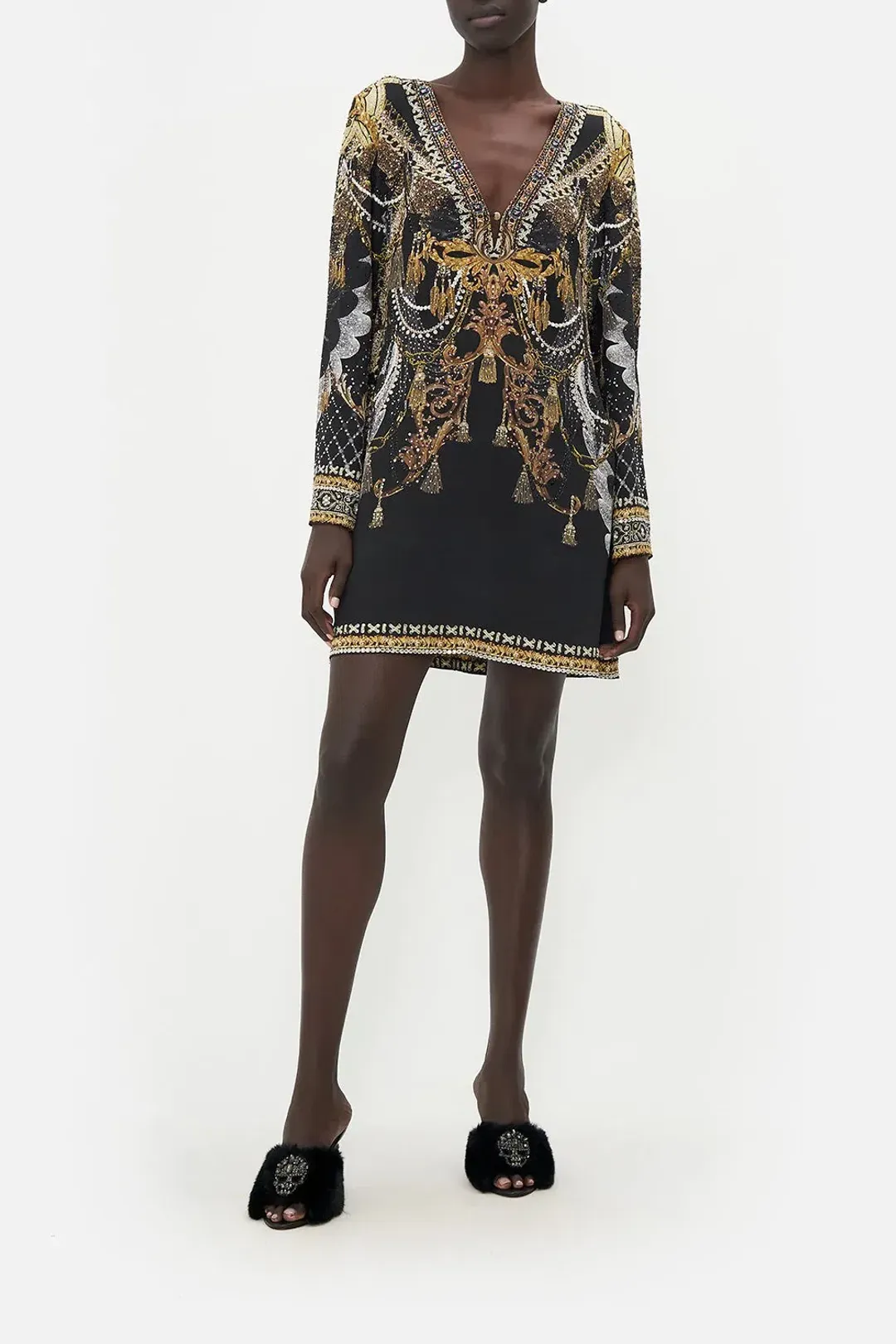 Camilla Long Sleeve Deep V Short Dress Ravin Raven Print Size 10 for rent on The Volte - main image