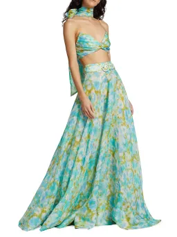 Zimmermann High Tide Twist Crop Bodice And Skirt Set Aqua Ikat Size 1/Au 10  for rent on The Volte - image 1