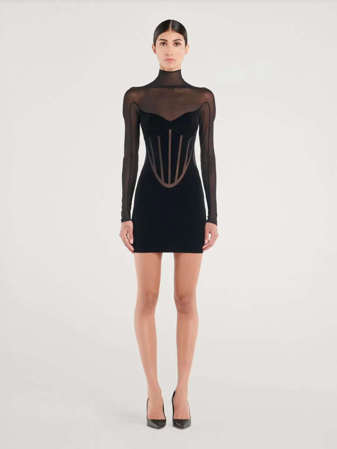 Mugler Wolford Mesh-paneled Mini Dress Black Size 6  for rent on The Volte - main image