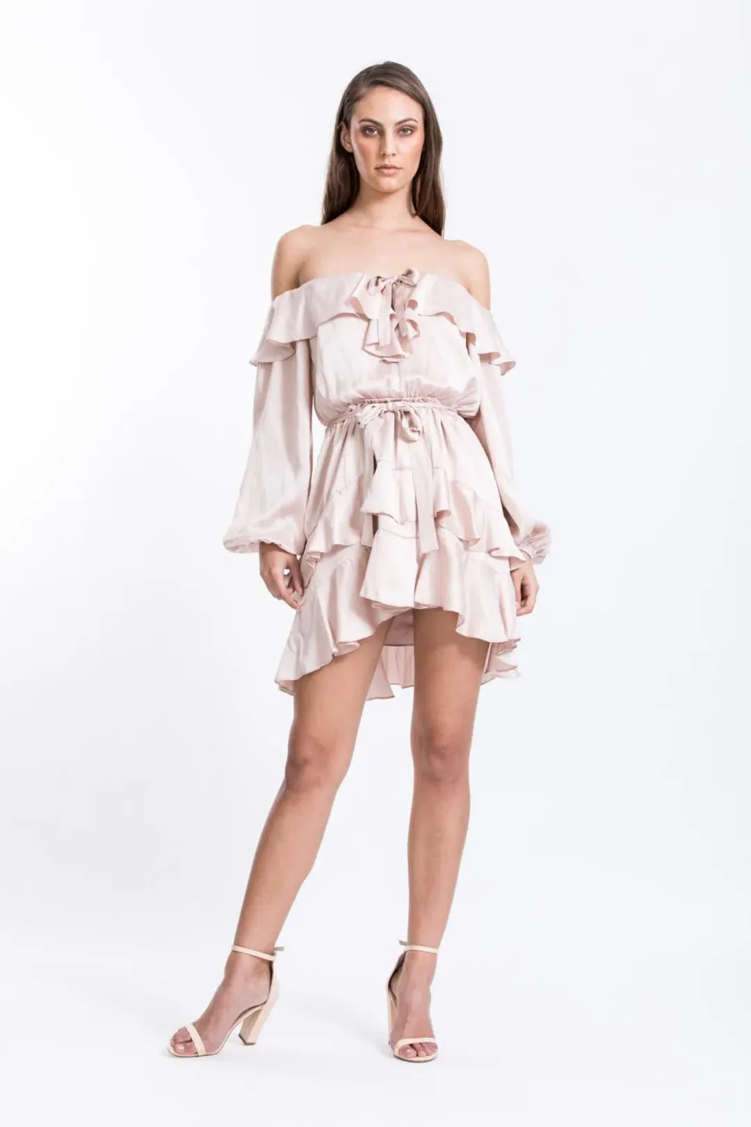 Zimmermann Flounce Off Shoulder Mini Dress Pink Size 8 for rent on The Volte - main image