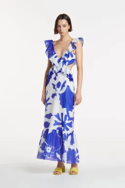 Sir the Label Vivi Frill Maxi Dress Blue Merce Abstract Print Size 3 /AU 12 for rent on The Volte - image 1