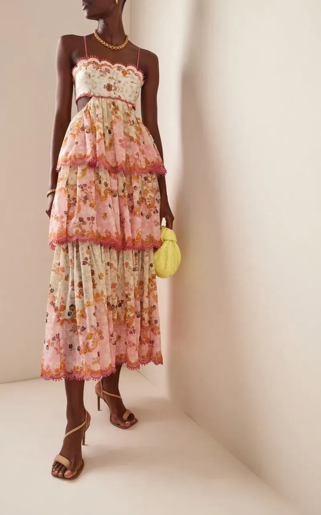 Zimmermann Laurel Frill Midi Dress in Pink Green FloralSize 2 / Au 12 for rent on The Volte - main image