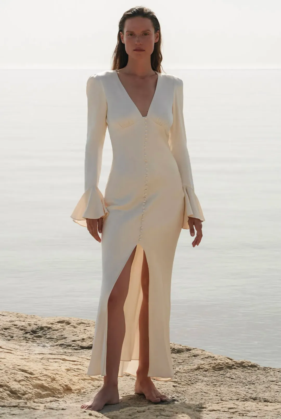 Shona Joy La Lune Frill Cuff Bias Midi Dress Cream Size 8 / S for rent on The Volte - main image