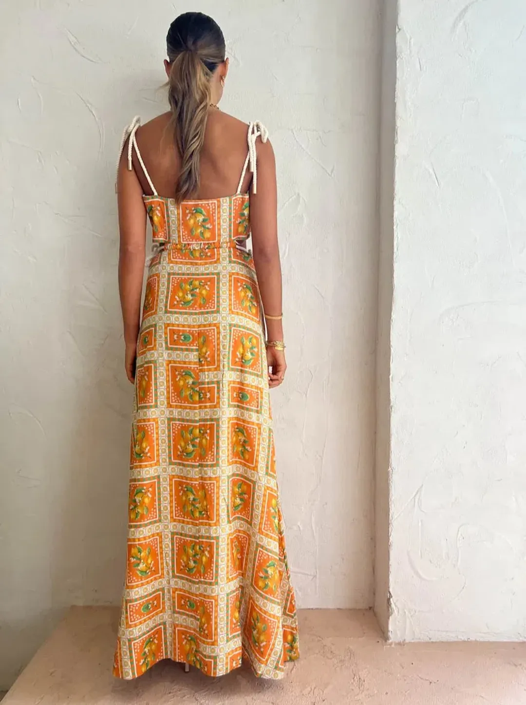 By Nicola Lemonade Tie Maxi Dress In Orange Mosaic Print Size 6 for rent on The Volte - main image