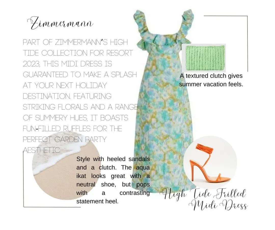 Zimmermann Aqua Ikat Floral Frilled High Tide Midi Dress Size 2/AU 12 for rent on The Volte - main image