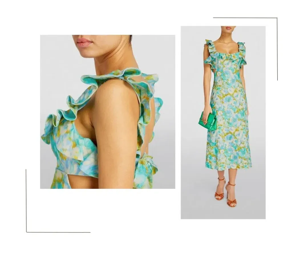 Zimmermann Aqua Ikat Floral Frilled High Tide Midi Dress Size 2/AU 12 for rent on The Volte - main image
